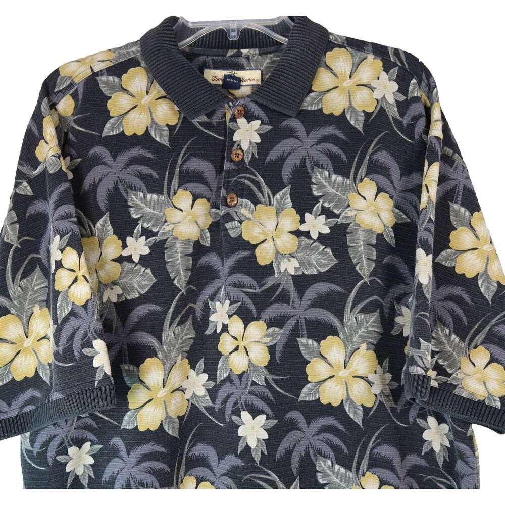 Tommy Bahama Golf Polo Shirt Mens Size Large Hawaiian Floral Print Silk/Cotton